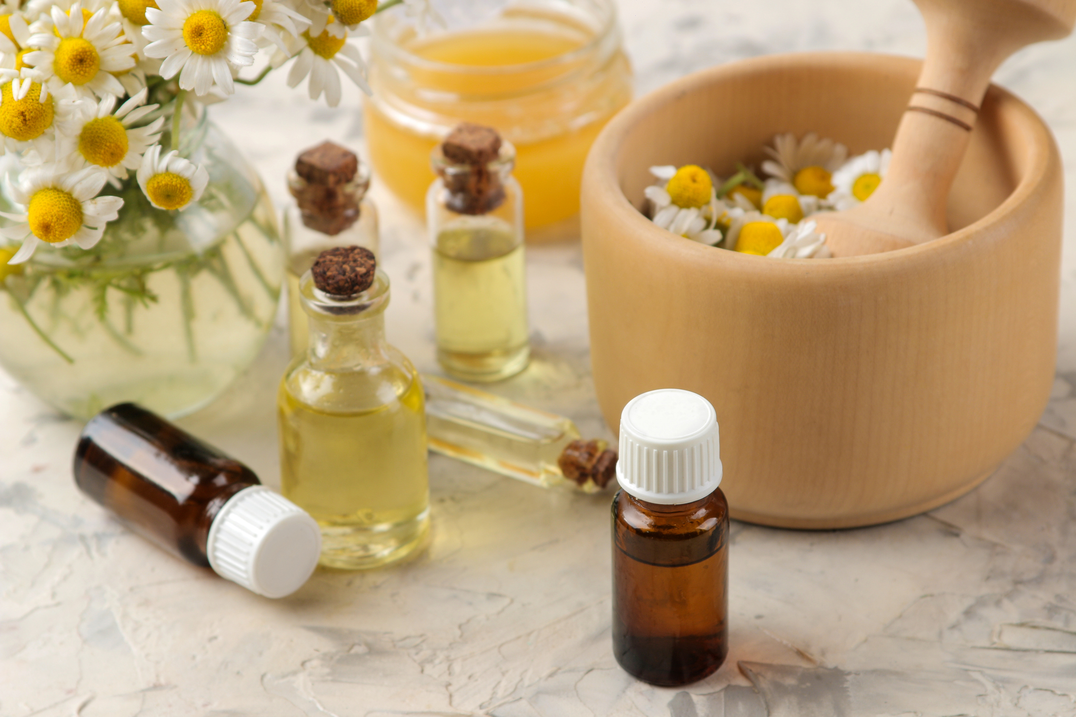 Medicinal Chamomile And Chamomile Extract In A Bottle. Oil From Chamomile Flowers. Aromatherapy. A Drug. On A Light Concrete Table.